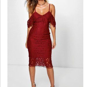 Boohoo Lace Open Shoulder Midi Dress Red Burgundy Sz 4